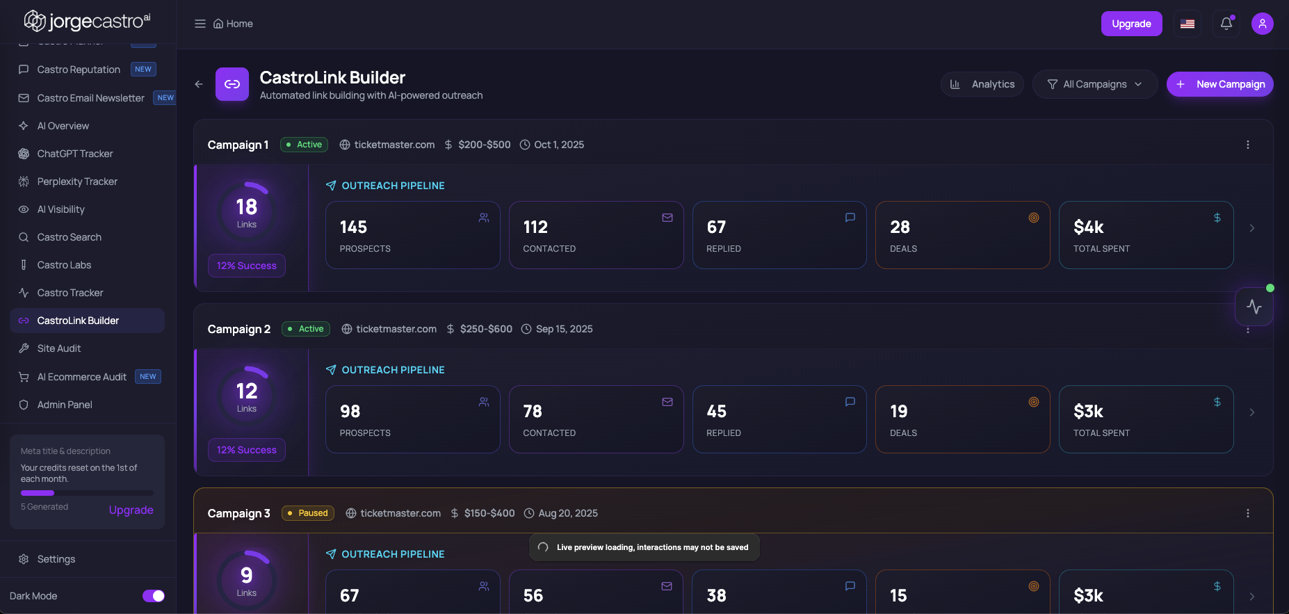 jorgecastro.ai, the AI-powered SEO platform interface, showing the CastroLink Builder outreach dashboard.