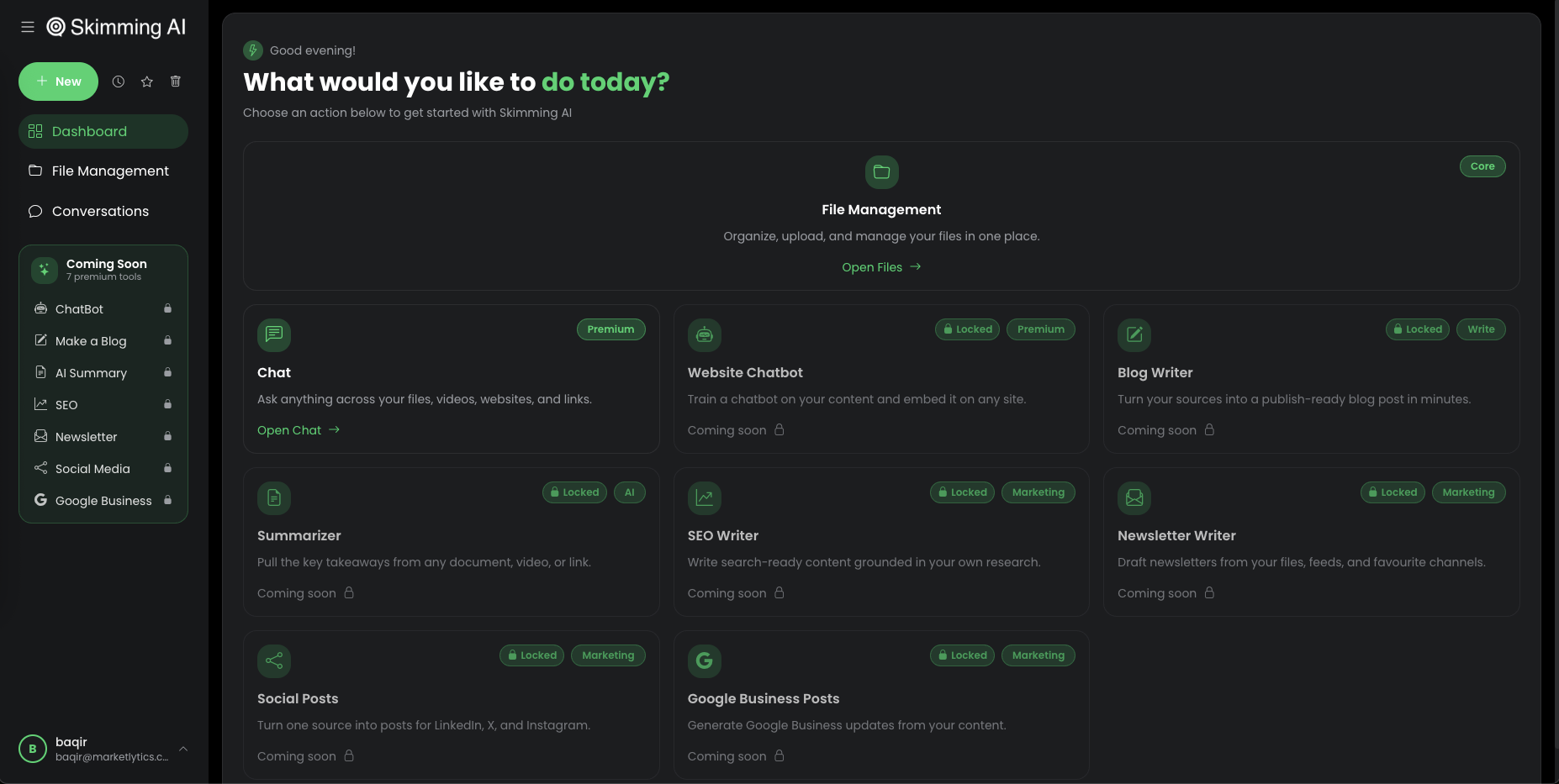 skimming.ai, the AI content-summarisation app dashboard with chat, summariser and content tools.